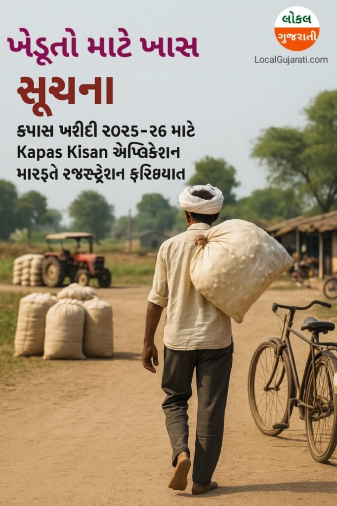 Kapad Kisan worker carrying large sack of goods on his shoulder in rural Gujarat, India, with tractor and traditional village setting in the background, representing agriculture and rural life in Gujarat.